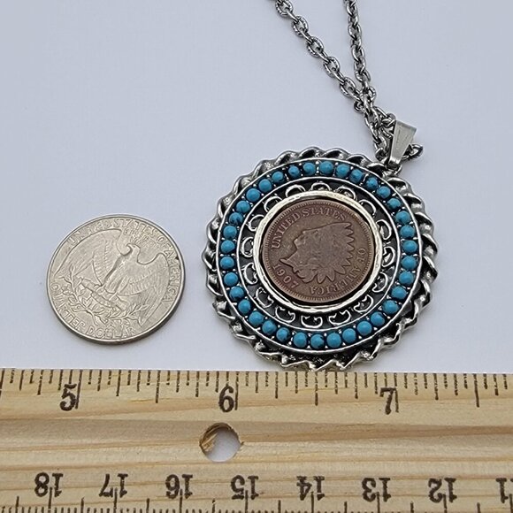Vtg. 1907 USA Indian Head Penny And Turquoise Pendant Necklace Silver-Tone 24 In - Picture 9 of 9
